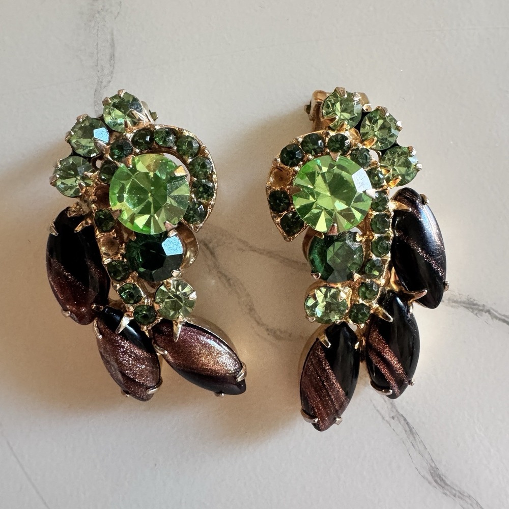 Juliana DeLizza & Elster Green Peridot Black Gold Navettes Clip On Earrings